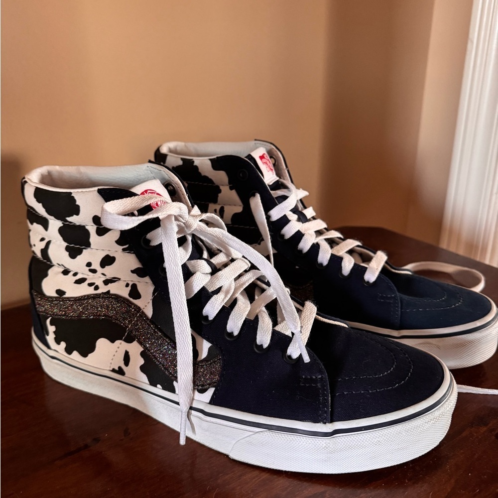 Vans Custom White and Navy, Cow Print High-Top Sneakers with a touch of Sparkle